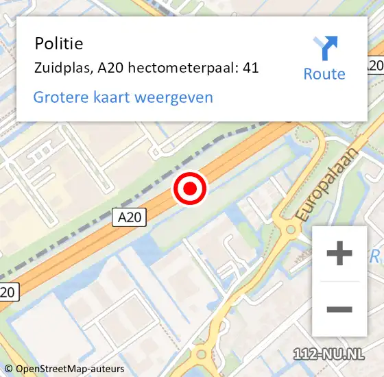 Locatie op kaart van de 112 melding: Politie Zuidplas, A20 hectometerpaal: 41 op 30 juni 2021 18:37