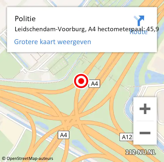 Locatie op kaart van de 112 melding: Politie Leidschendam-Voorburg, A4 hectometerpaal: 45,9 op 30 juni 2021 19:33