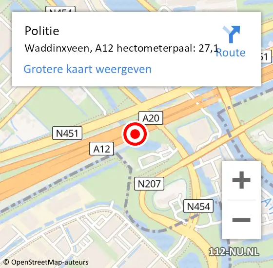 Locatie op kaart van de 112 melding: Politie Waddinxveen, A12 hectometerpaal: 27,1 op 30 juni 2021 19:35