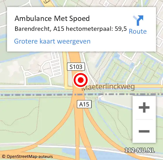 Locatie op kaart van de 112 melding: Ambulance Met Spoed Naar Barendrecht, A15 hectometerpaal: 59,5 op 30 juni 2021 20:51