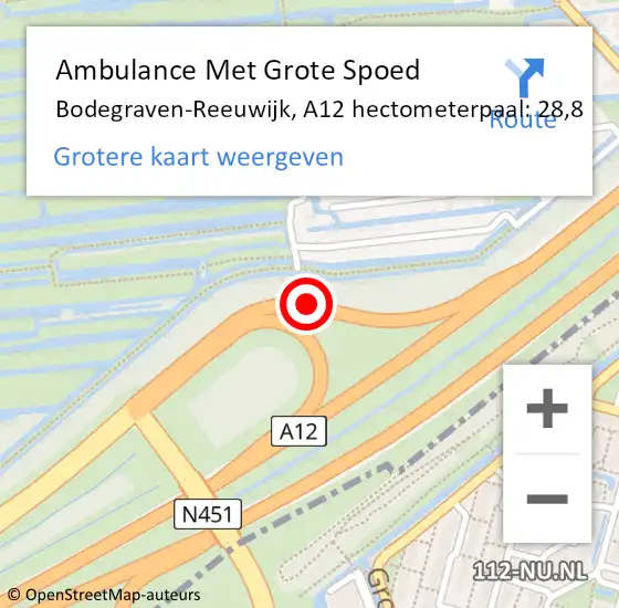 Locatie op kaart van de 112 melding: Ambulance Met Grote Spoed Naar Bodegraven-Reeuwijk, A12 hectometerpaal: 28,8 op 30 juni 2021 21:25