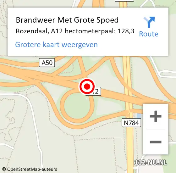 Locatie op kaart van de 112 melding: Brandweer Met Grote Spoed Naar Rozendaal, A12 hectometerpaal: 128,3 op 30 juni 2021 21:53