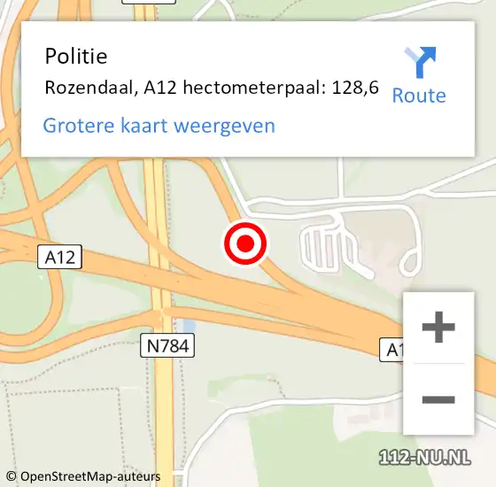 Locatie op kaart van de 112 melding: Politie Rozendaal, A12 hectometerpaal: 128,6 op 30 juni 2021 22:17