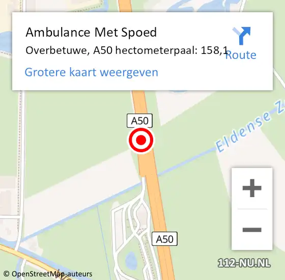 Locatie op kaart van de 112 melding: Ambulance Met Spoed Naar Overbetuwe, A50 hectometerpaal: 158,1 op 1 juli 2021 03:06
