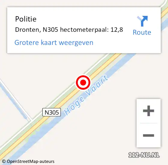 Locatie op kaart van de 112 melding: Politie Dronten, N305 hectometerpaal: 12,8 op 1 juli 2021 05:47