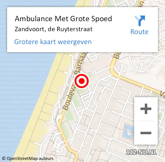 Locatie op kaart van de 112 melding: Ambulance Met Grote Spoed Naar Zandvoort, de Ruyterstraat op 1 juli 2021 07:02