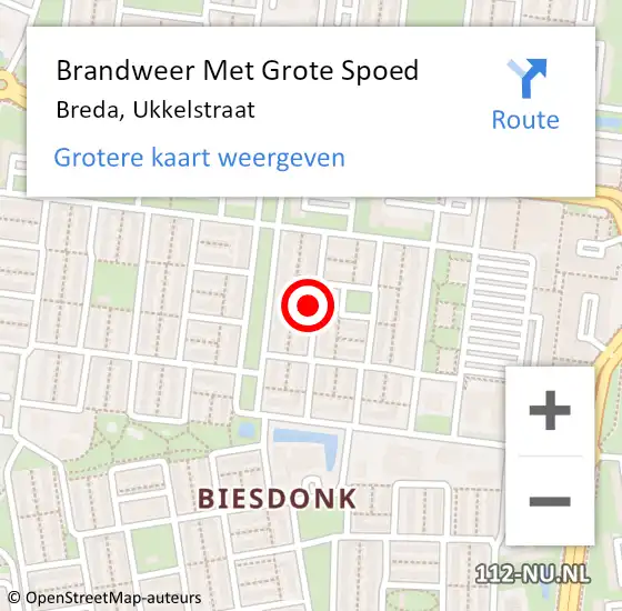Locatie op kaart van de 112 melding: Brandweer Met Grote Spoed Naar Breda, Ukkelstraat op 1 juli 2021 08:05