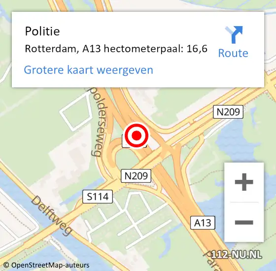 Locatie op kaart van de 112 melding: Politie Rotterdam, A13 hectometerpaal: 16,6 op 1 juli 2021 08:49