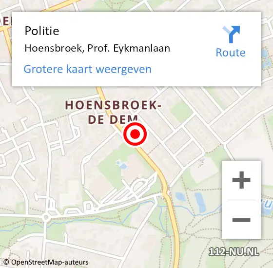 Locatie op kaart van de 112 melding: Politie Hoensbroek, Prof. Eykmanlaan op 1 juli 2021 09:07