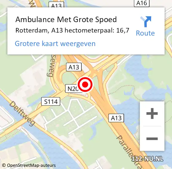 Locatie op kaart van de 112 melding: Ambulance Met Grote Spoed Naar Rotterdam, A13 hectometerpaal: 16,7 op 1 juli 2021 09:09