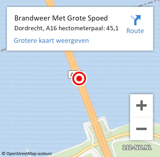 Locatie op kaart van de 112 melding: Brandweer Met Grote Spoed Naar Dordrecht, A16 hectometerpaal: 45,1 op 1 juli 2021 09:14