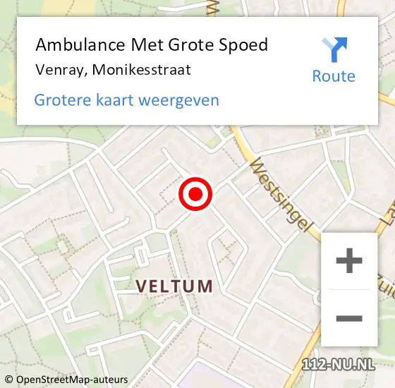 Locatie op kaart van de 112 melding: Ambulance Met Grote Spoed Naar Venray, Monikesstraat op 14 juni 2014 22:56