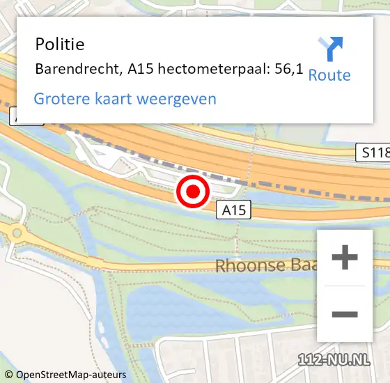 Locatie op kaart van de 112 melding: Politie Barendrecht, A15 hectometerpaal: 56,1 op 1 juli 2021 11:33