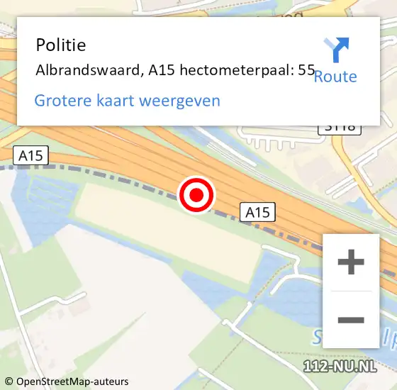 Locatie op kaart van de 112 melding: Politie Albrandswaard, A15 hectometerpaal: 55 op 1 juli 2021 11:38