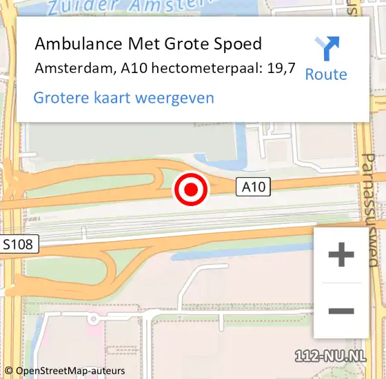 Locatie op kaart van de 112 melding: Ambulance Met Grote Spoed Naar Amsterdam, A10 hectometerpaal: 19,7 op 1 juli 2021 12:53