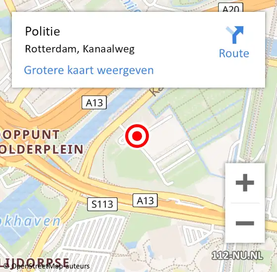 Locatie op kaart van de 112 melding: Politie Rotterdam, Kanaalweg op 1 juli 2021 13:15