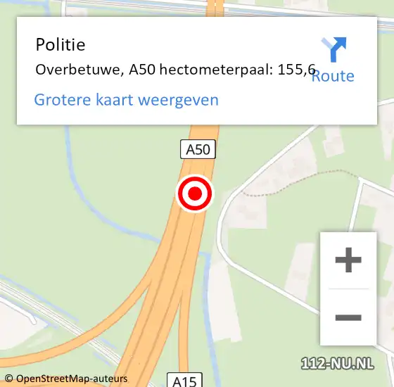 Locatie op kaart van de 112 melding: Politie Overbetuwe, A50 hectometerpaal: 155,6 op 1 juli 2021 14:27