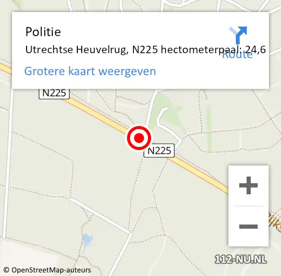 Locatie op kaart van de 112 melding: Politie Utrechtse Heuvelrug, N225 hectometerpaal: 24,6 op 1 juli 2021 14:35