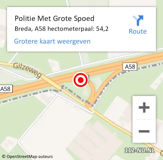 Locatie op kaart van de 112 melding: Politie Met Grote Spoed Naar Breda, A58 hectometerpaal: 54,2 op 1 juli 2021 14:54