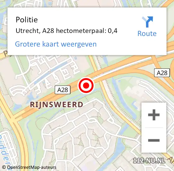 Locatie op kaart van de 112 melding: Politie Utrecht, A28 hectometerpaal: 0,4 op 1 juli 2021 17:24