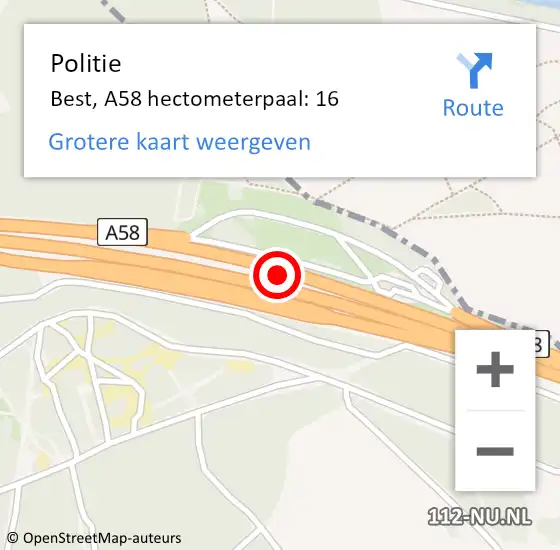 Locatie op kaart van de 112 melding: Politie Best, A58 hectometerpaal: 16 op 1 juli 2021 17:33