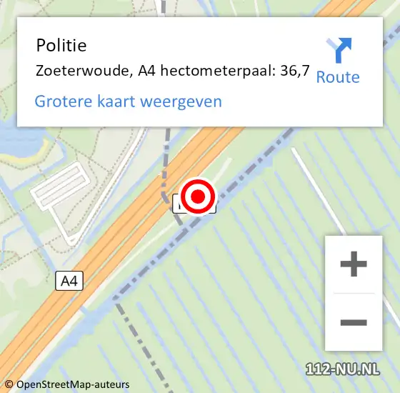 Locatie op kaart van de 112 melding: Politie Zoeterwoude, A4 hectometerpaal: 36,7 op 1 juli 2021 17:56