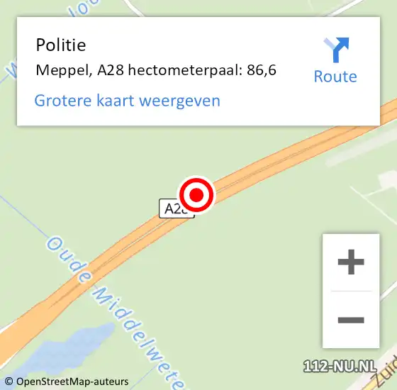 Locatie op kaart van de 112 melding: Politie Meppel, A28 hectometerpaal: 86,6 op 1 juli 2021 18:44