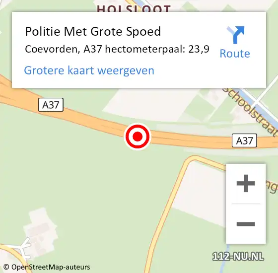 Locatie op kaart van de 112 melding: Politie Met Grote Spoed Naar Coevorden, A37 hectometerpaal: 23,9 op 1 juli 2021 18:47