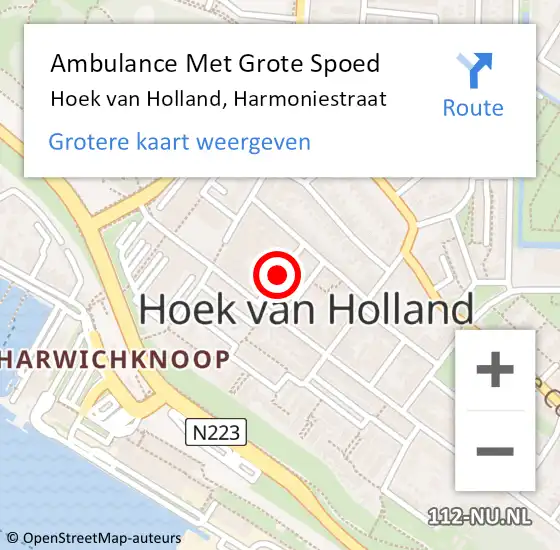 Locatie op kaart van de 112 melding: Ambulance Met Grote Spoed Naar Hoek van Holland, Harmoniestraat op 1 juli 2021 21:21