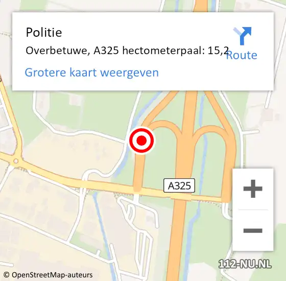 Locatie op kaart van de 112 melding: Politie Overbetuwe, A325 hectometerpaal: 15,2 op 1 juli 2021 21:53