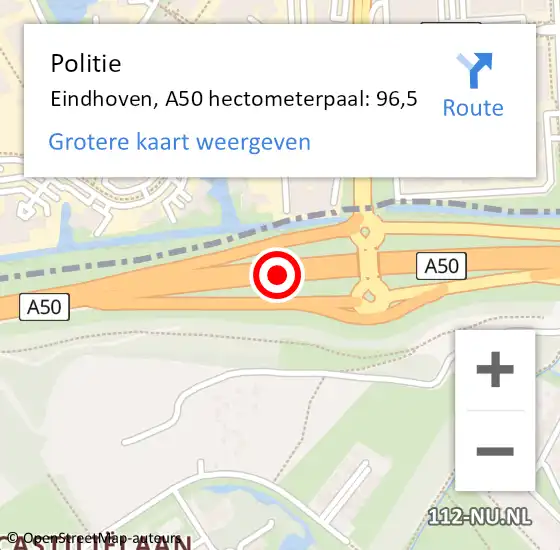 Locatie op kaart van de 112 melding: Politie Eindhoven, A50 hectometerpaal: 96,5 op 1 juli 2021 22:16