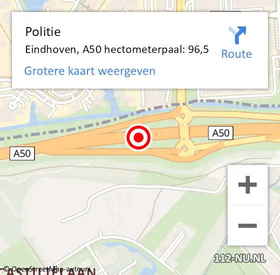 Locatie op kaart van de 112 melding: Politie Eindhoven, A50 hectometerpaal: 96,5 op 1 juli 2021 22:17