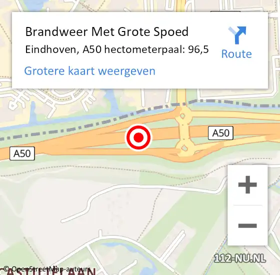 Locatie op kaart van de 112 melding: Brandweer Met Grote Spoed Naar Eindhoven, A50 hectometerpaal: 96,5 op 1 juli 2021 22:19