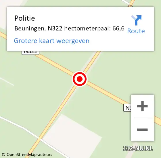 Locatie op kaart van de 112 melding: Politie Beuningen, N322 hectometerpaal: 66,6 op 2 juli 2021 08:59