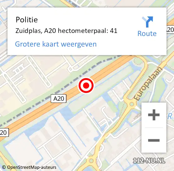 Locatie op kaart van de 112 melding: Politie Zuidplas, A20 hectometerpaal: 41 op 2 juli 2021 12:06