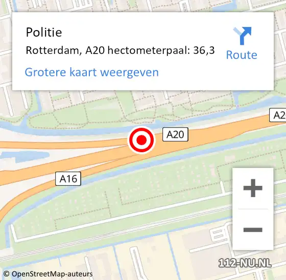 Locatie op kaart van de 112 melding: Politie Rotterdam, A20 hectometerpaal: 36,3 op 2 juli 2021 13:25