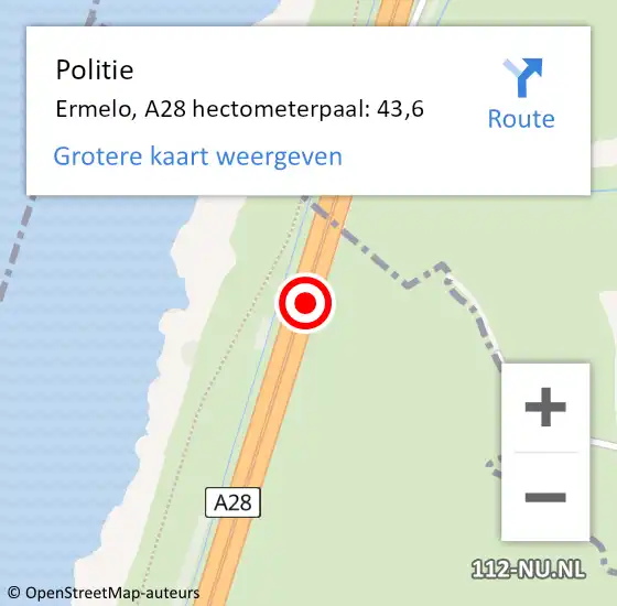 Locatie op kaart van de 112 melding: Politie Ermelo, A28 hectometerpaal: 43,6 op 2 juli 2021 13:27