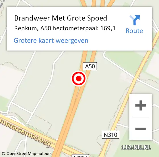 Locatie op kaart van de 112 melding: Brandweer Met Grote Spoed Naar Renkum, A50 hectometerpaal: 169,1 op 2 juli 2021 13:46