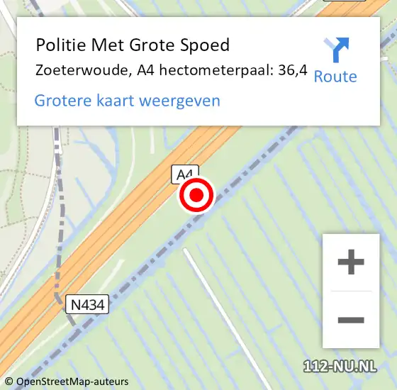 Locatie op kaart van de 112 melding: Politie Met Grote Spoed Naar Zoeterwoude, A4 hectometerpaal: 36,4 op 2 juli 2021 15:27