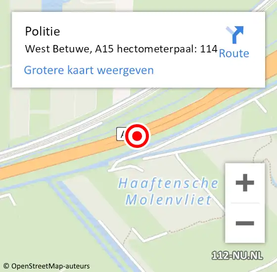 Locatie op kaart van de 112 melding: Politie Geldermalsen, A15 hectometerpaal: 114 op 2 juli 2021 15:46