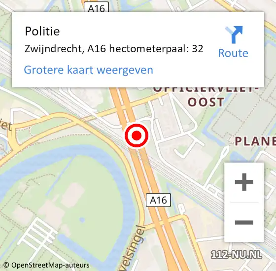 Locatie op kaart van de 112 melding: Politie Zwijndrecht, A16 hectometerpaal: 32 op 2 juli 2021 16:07