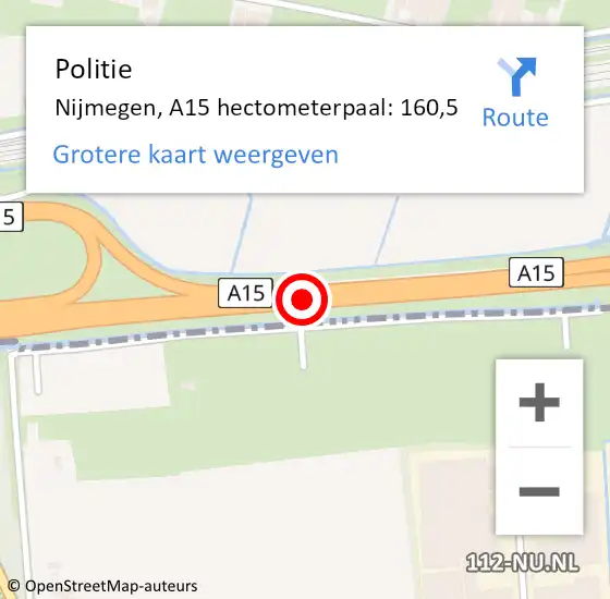 Locatie op kaart van de 112 melding: Politie Nijmegen, A15 hectometerpaal: 160,5 op 2 juli 2021 17:12