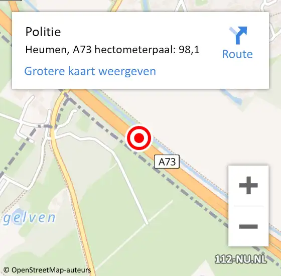 Locatie op kaart van de 112 melding: Politie Heumen, A73 hectometerpaal: 98,1 op 2 juli 2021 18:11