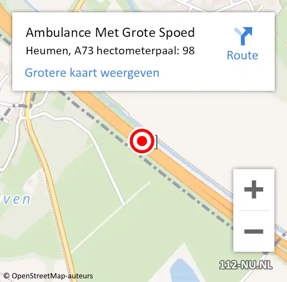 Locatie op kaart van de 112 melding: Ambulance Met Grote Spoed Naar Heumen, A73 hectometerpaal: 98 op 2 juli 2021 18:12