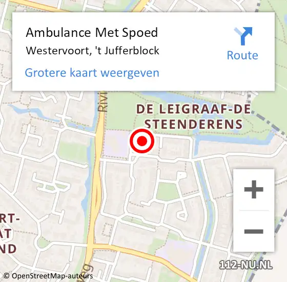 Locatie op kaart van de 112 melding: Ambulance Met Spoed Naar Westervoort, 't Jufferblock op 2 juli 2021 18:22