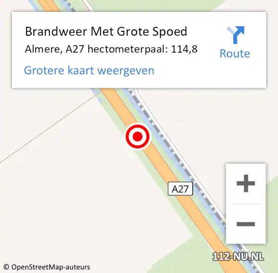 Locatie op kaart van de 112 melding: Brandweer Met Grote Spoed Naar Almere, A27 hectometerpaal: 114,8 op 2 juli 2021 19:10