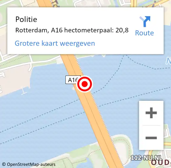 Locatie op kaart van de 112 melding: Politie Rotterdam, A16 hectometerpaal: 20,8 op 2 juli 2021 19:29