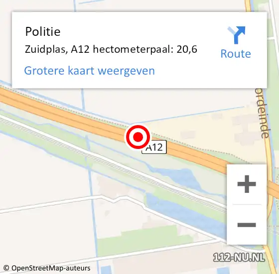 Locatie op kaart van de 112 melding: Politie Zuidplas, A12 hectometerpaal: 20,6 op 2 juli 2021 19:54