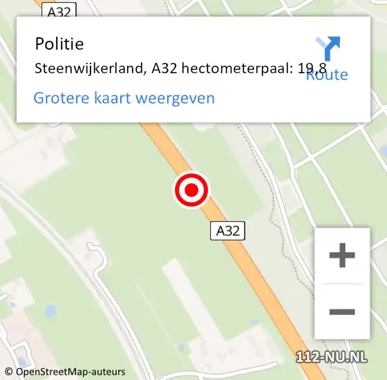 Locatie op kaart van de 112 melding: Politie Steenwijkerland, A32 hectometerpaal: 19,8 op 2 juli 2021 20:20