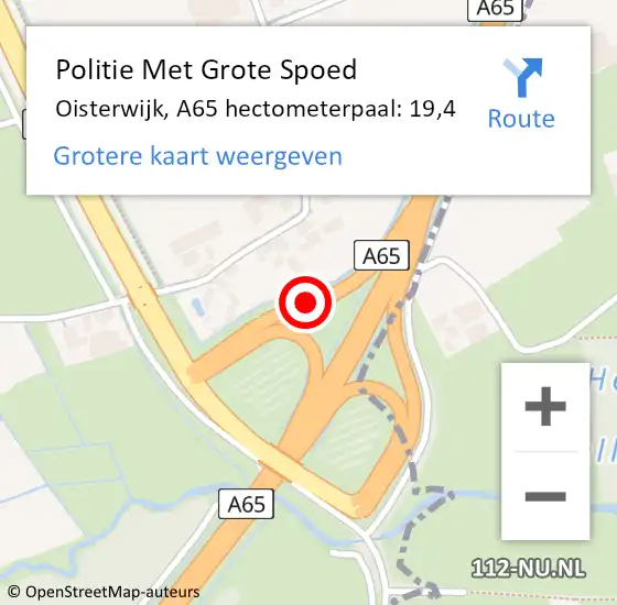 Locatie op kaart van de 112 melding: Politie Met Grote Spoed Naar Tilburg, A65 hectometerpaal: 19,4 op 2 juli 2021 21:29